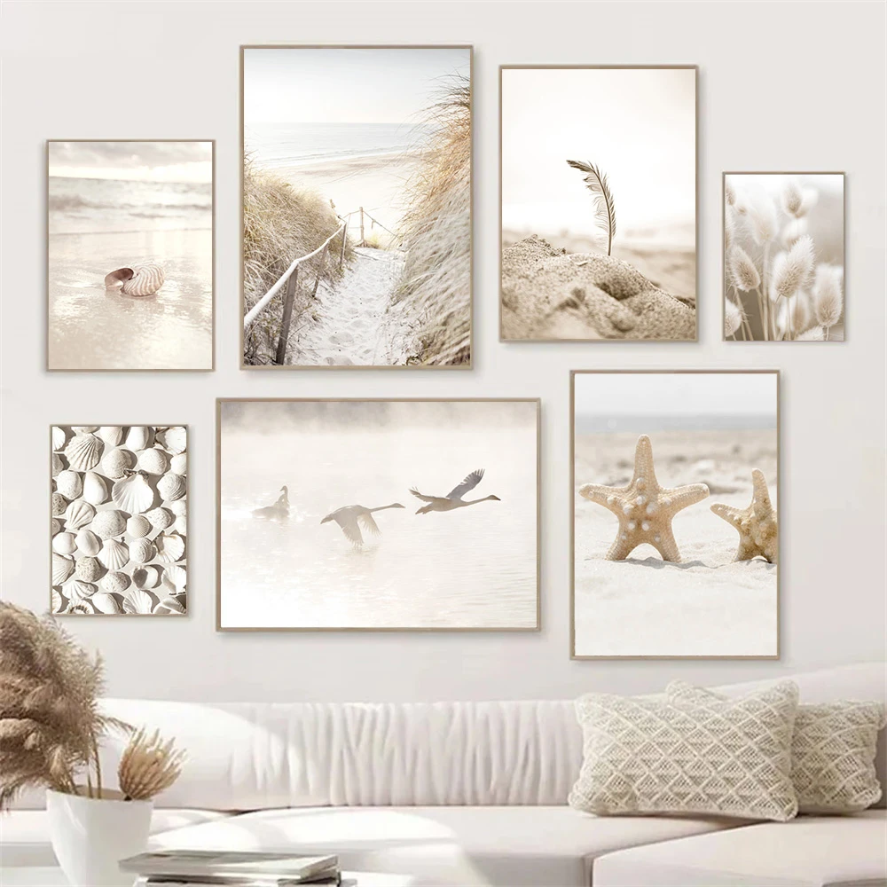 Pampas Grass Decor - Beige Landschafts-Poster Seestern Muschel Strand Nordische