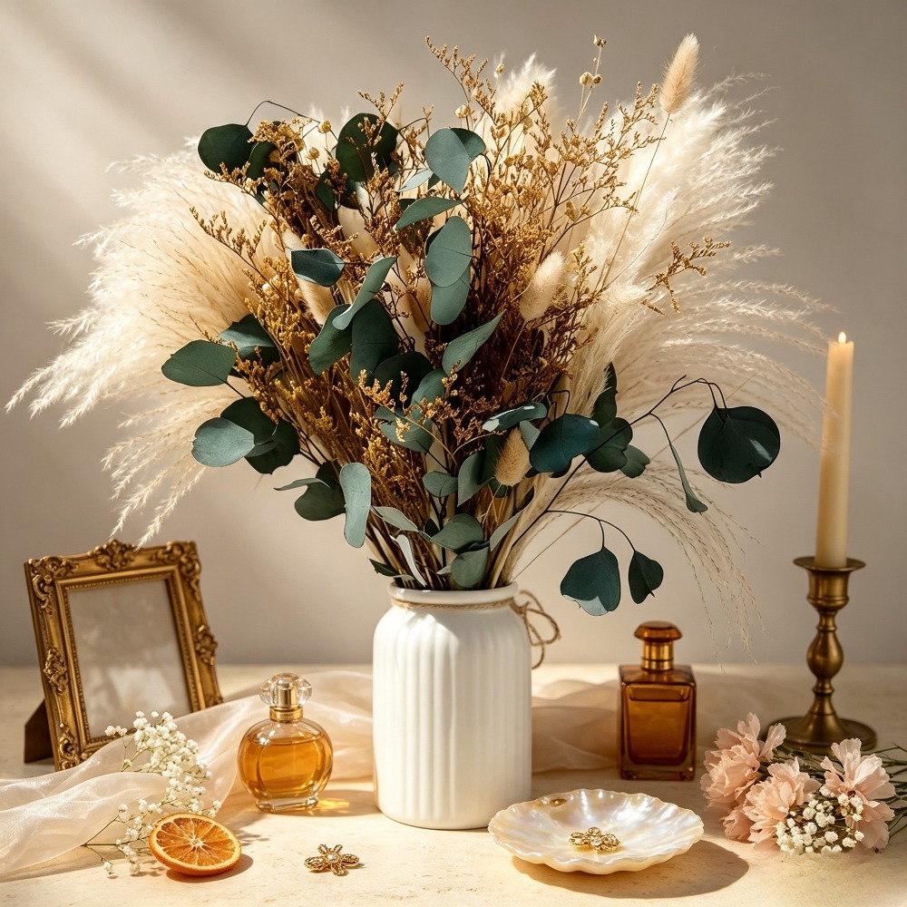 Pampas Grass Decor - Natürlich getrockneter Pampasgras-Bouquet, konservierte Eukalyptusblätter, Billy