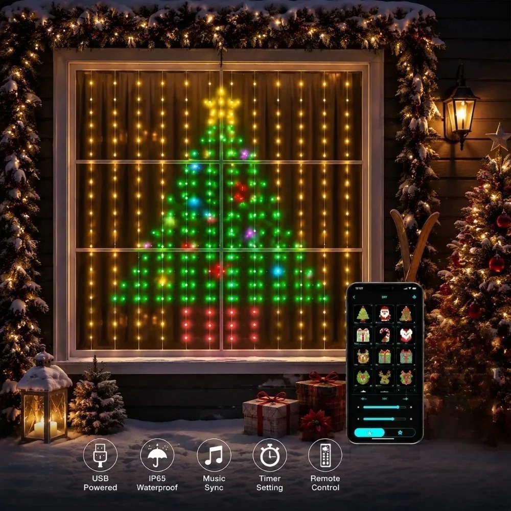 Home Decor Diy - LED-Pixel-Lichtvorhang mit Bluetooth-App-Steuerung, RGB-Smart-Lichterkette, DIY-Fensterdekoration für