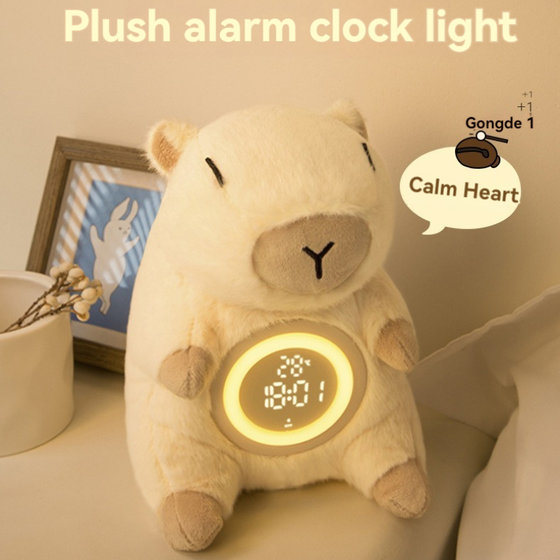 Vintage Alarm Clock - Entzückende Capybara-Plüsch-Doppelalarm-Nachtlicht, einstellbare Helligkeit, Zeit- und